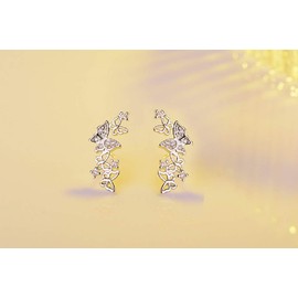 Hollow Butterfly CZ Cuff Wrap Studs Earrings for Women Pierced Ear Sterling Silver Plated Fashion Cubic Zirconia Cute Filigree Crawler Climber Hypoallergenic (Silver)