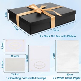 Gift Box Set, Black Gift Box with Lids Large Gift Box with Ribbon 31 x 22 x 6 cm Gift Box Tissue Paper Greeting Cards for Christmas Birthday Wedding Anniversary