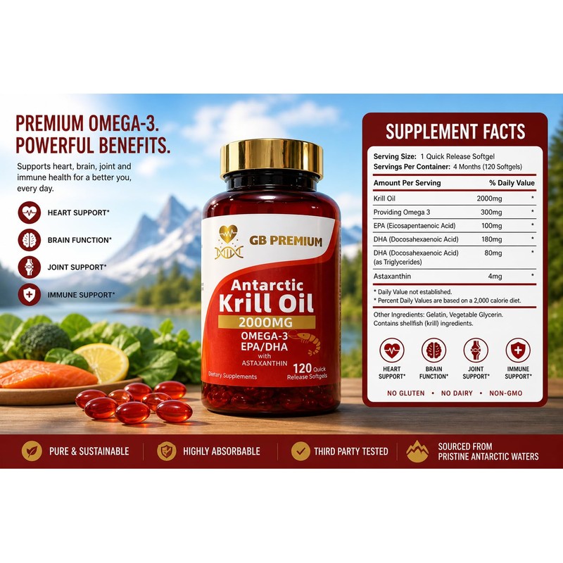 GB Premium Antarctic Krill Oil 2000mg, Omega-3 EPA & DHA
