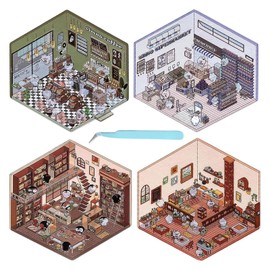 3D House Stickers Set of 4 DIY 3D Collage Material Scene Stickers Collage Stickers Paper Miniature Model Paper Dollhouse Paper Material Tweezers Included Diary 3D Korean Style Niche Cute Sticker Hobby