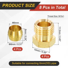 sourcing map 4 Set Fit for 6mm Tube Brass Compression Assortment Kit, Sleeve Ferrule & Nut Kits for Water Oil Air Pipe