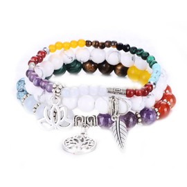 UEUC Natural Gemstone Chakra Bracelets for Women, Multilayer Tree of Life Lotus Crystal Healing Stone Bracelet Sets, Yoga Meditation Reiki Relax Bracelets for Stress Relief(#80)