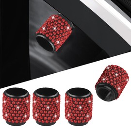 DUSCOKE 4PCS Bling Crystal Diamond Tire Stem Valve Caps- Handmade Shinny Rhinestone Car Wheel Tire Valve Caps for Women- Attractive Dustproof Valve Stem Covers Universal for Most Vehicles (Red)