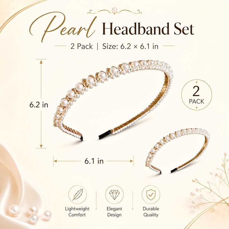 2 Pcs Pearl Headbands for Women White Bridal Headband Non-Slip