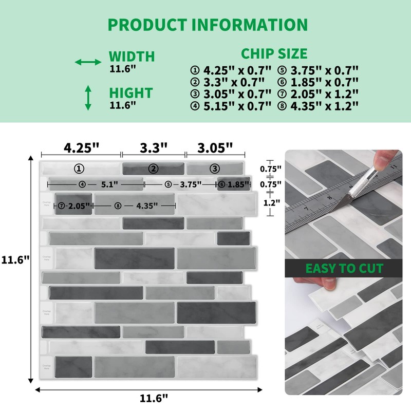 LONGKING Peel & Stick Backsplash Tile for Kitchen, Gray Stick