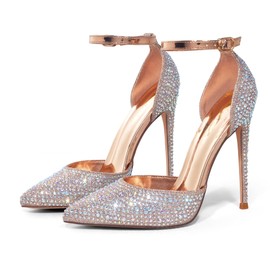 Elisabet Tang High Heels, Women Pumps D'Orsay Ankle Strap Pointed Toe Stiletto Heels Rhinestone Party Wedding Shoes Champagne Gold Rhinestone Size 9