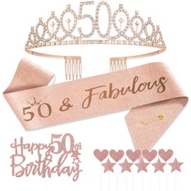Jonvell 50th Birthday Sash and Tiara for Women, Rose Gold Birthday Sash and Crown 50th Birthday Women Gifts for 50th Birthday Party Decoration