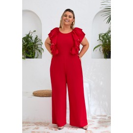 VERWIN Plus Size Ruffle Women's Jumpsuit Plain Full Length Romper Sleeveless Patchwork Overlay Jumpsuit with Pockets 5XL Red