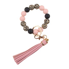 Leopard Silicone Beaded Wristlet Keychain, PU Tassel Bracelet Bangle Beads Car Keyring for Women,Wrist Key Chains (Pink)