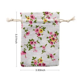 YoungJewl 50PCS Jewelry Burlap Bags with Drawstring Mini Rose Flower Pouch Linen Gift Bags for Wedding Favors Party and DIY Craft (4X6Inches)