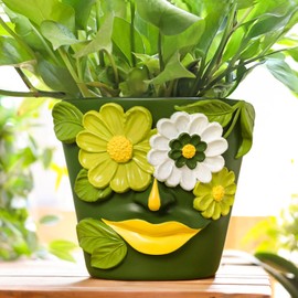 GUGUGO 8 Inch Large Flower Face Planters, Abstract Unique Head Plant Pot with Drainage, Rainbow Colorful Cute Flower Plant Pots for Indoor Plants, Funny Gardening Pot Gift Home Décor, Green&White