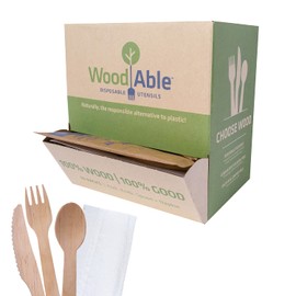 WOODABLE Disposable & Backyard Compostable Wooden Wrapped 3pc Set (Fork, Knife, Spoon & Napkin), Eco-Friendly, Sustainable, Organic, Biodegradable, Vegan-Friendly, 1 Count