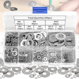 Flat Washers, 360 Pieces Washers 8 Sizes Stainless Steel Flat and Lock Washers Assortment Set for Screws, Bolts, Home Decoration Repair (M2 M2.5 M3 M4 M5 M6 M8 M10)