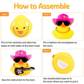 Wonuu Rubber Duck Car Ornaments Guitar Duck Cool Accessories Dashboard Decorations with Cowboy Hat Necklace and Sunglasses, Pink&White