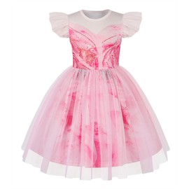 Marendyee Glinda Dress for Girls Glinda Costume Kids Tulle Dresses Flutter Sleeve (6-7 Years)