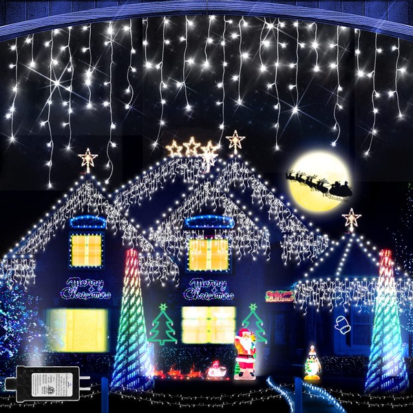 Christmas Lights 640 LED 65 FT Christmas Lights Outdoor with 120 Drops Plug in 8 Modes Christmas Decorations Curtain Fairy Lights for Wedding Party Holiday Bedroom Garden Patio Indoor (Cool White)