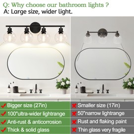 Indoi 2025 Upgrade 3-Light Bathroom Light Fixtures, Black Bathroom Lights Over Mirror with Clear Glass Globe Shade, Vanity Lights for Bathroom Kitchen Living Room Hallway Cabinet Bedroom Porch.