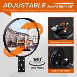 CHIUHEI 16-Inch Convex Security Corner Mirror - Adjustable Fixing Bracket, Wide Angle, Indoor and Outdoor Use - Ideal for Warehouse, Office, Parking Garage, Alleys, Driveways and Traffic Safety(Black）