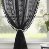 Ronaldecor Black Boho Linen Textured Tassel Sheer Lace Curtains, Chic