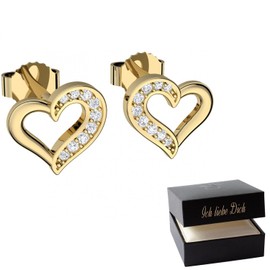 Heart Earrings Gold Stud Women's Stud Earrings with Zirconia Silver 925 Gold-Plated Free Premium Case Engraving "Ich liebe Dich" Gifts for Girlfriend Women Jewellery Not Stainless Steel, Crystal,