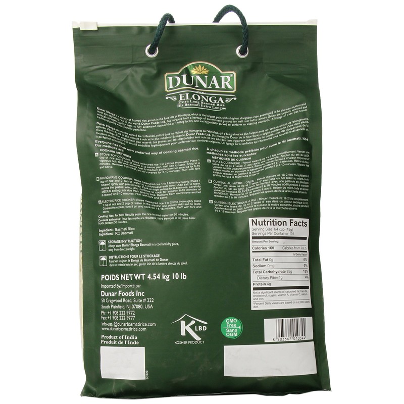 Dunar - Elonga Basmati Rice Premium 1121 Long Grain, 10