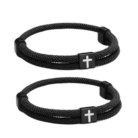Moguri Pack of 2 Men's Leather Bracelet with Cross, Handmade Adjustable Bracelet with Stainless Steel Square Cross Pendant for Men, Jesus Bracelet, Black, Milanese Rope Stainless Steel