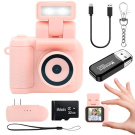 Moledro Ultra Small Digital Camera, Mini Camera, Digital Camera, 1080P Video, 2 Megapixels, 32 GB Micro SD Card Included, Charging Base Included, 1.44 inch Screen, 0.9 oz (27 g), LED Light, Various Types of Filters, Lightweight, Portable, Keychain Set, Conditter, For Beginners and Kids (Pink)