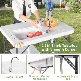 FRITHJILL Portable Fish Cleaning Camp Table, Outdoor Folding Fish Fillet Cleaning Station with Dual Water Basins