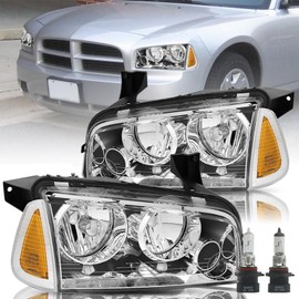 Bingbingmotor Headlight Assembly Fit for 2006-2010 Dodge Charger Headlight with Corner Light Passenger and Driver Side Chrome Housing & Amber Reflector with High/Low Beam Bulbs