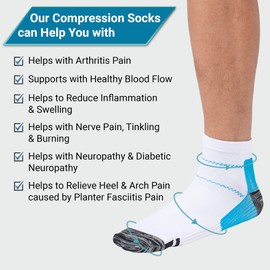 360 RELIEF Ankle Compression Socks - Supports Arch, Travel, Flight, Sports | with Mesh Laundry Bag (2Pairs-White/Blue, S-M)