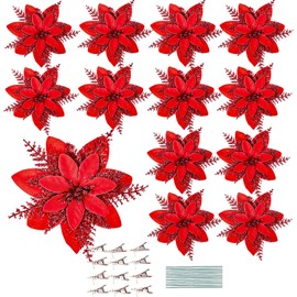 Leixi 16pcs Christmas Poinsettia Artificial Flowers, Red, 5.5" Glitter