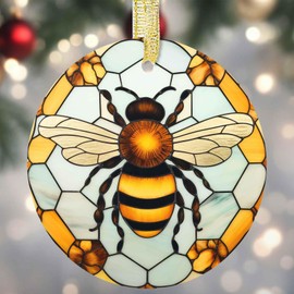 Christmas Ornaments, Bees Christmas Tree Decor Round Ceramic, Christmas Tree Ornaments, Holidays Hanging Ornaments, Christmas Ornaments Bees Gifts, Xmas Gifts for Bees Lover