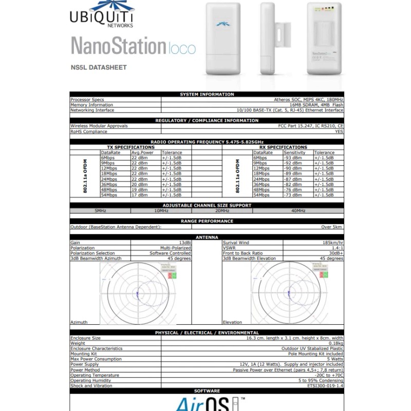 Ubiquiti NanoStation NSLOCO5 Wireless CPE Router 5GHz 802.1a Integrated 13dBi
