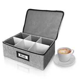 HURZMORO Cup and Mug Storage Box with Dividers – Stackable Hard Shell Organizer with Zipper Lid and Handles, Holds 6 Coffee Mugs or Tea Cups, Ideal for Moving and Packing(Grey)