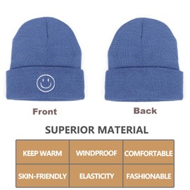 AJG Beanie Hats for Men,Unisex Smile Face Embroidered Acrylic Soft Warm Winter Cuffed Knit Hats for Women (1-Blue)