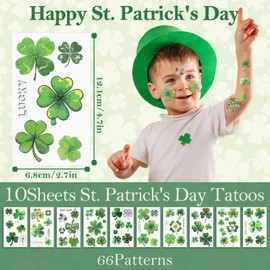 10 Sheets St. Patrick's Day Temporary Tattoos, Shamrock Four Leaf Clover Lucky Tattoos Sticker,Waterproof Saint Patrick's Day Face Stickers for Kids Adults Make Up Decor Irish Partys