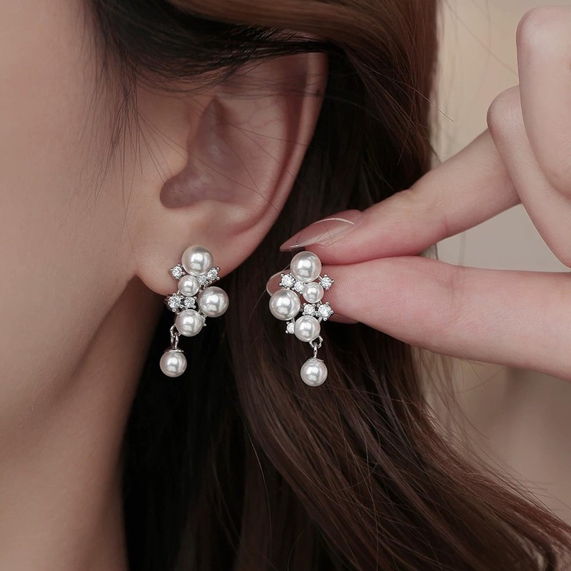 Pearl Earrings for Women, 14K Silver Plated Pearl CZ Dangle
