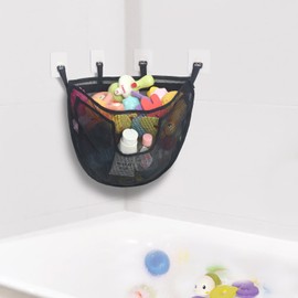 DOCMON Bath Toy Storage, Large Capacity Bath Toy Holder with Buttom Zipper, Quick Release Bathtub Toy Storage with Large Pocket, Corner Mesh Bath Toy Organizer Basket Bin for Bathroom Toys - Black