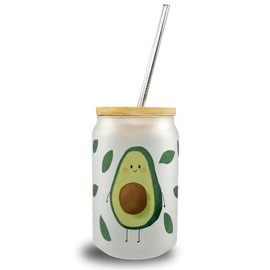 Avocado Drinking Glass with Bamboo Lid in Watercolour Style, A Cute Glass for Your Favourite Drink, Women, Kawaii Fruit, Sweet Kitchen Accessories, Healthy with Fruit Motif Leaves