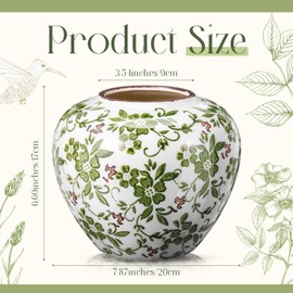 Mimorou Green and White Vases Ceramic Vintage Chinoiserie Floral 6.69" H Terracotta Round Rustic Pottery Large Crackle Finish Vase for Centerpieces Home Farmhouse Modern Living Room Decor