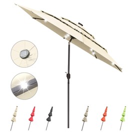 Yescom 10FT 3 Tier UV70+ Solar Powered LED Patio Umbrella with Crank Tilt Button Light Aluminum for Outdoor Deck Market Backyard Pool Night Party Event Beige