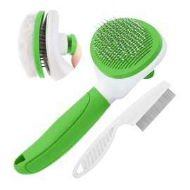 Cat Brushes for Indoor Cats, Dog Brush for Shedding with Metal Cat Comb, Self Cleaning Pet Hair Brush with Release Button for Grooming Kitten(Green)