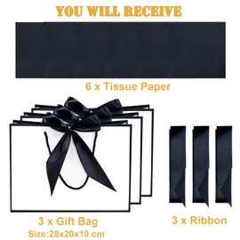 LYINUR 3Pcs Gift Bags for Presents, Medium Gift Bags with 6 Wrappers, White - Black Valentines Gift Bag Birthday Wedding Bridesmaid Gift Bag for Her Party Bags for Him, 28 x 20 x 10 cm