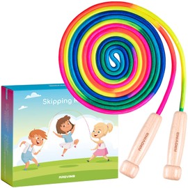Arovina Children's Skipping Rope, 5 m Long Skipping Rope for Children, Adjustable Wooden Handle, 7 Colours, Rainbow Skipping Rope for Boys and Girls, Outdoor Exercises, Ideal for Birthday Children's