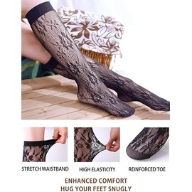 4 Pairs Women's Fishnet Knee High Stockings Lace Hollow out Women's Calf Socks Ankle Sheer Socks, Black, One size