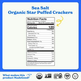 MadeGood Sea Salt Star Puffed Crackers, 4.26oz Pouch, Organic Snacks