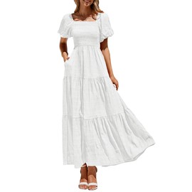 PRETTYGARDEN Womens Summer Puff Short Sleeve Maxi Dress Square Neck Smocked Tiered Ruffle A Line Long Flowy Beach Dresses (White,Small)