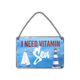 I Need Vitamin Sea Hanging Sign - Metal Sign with Cord and Suction Cup - Maritime Decoration for Beach Chair Bathroom Garden Balcony Patio Entrance Favourite Place Workplace Office Boat - 18 x 12 cm