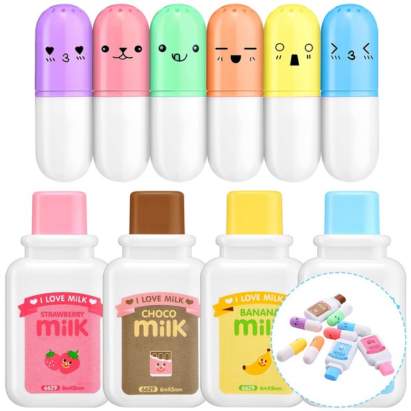 10 Pieces Cute Stationery Set Include 6 Mini Pill Shaped Highlighter Pens 6 Colors Cute Face Graffiti Marker Pens and Kawaii Milk Style Correction Tape with Random Color for Student Office School Home
