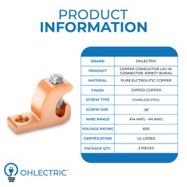 OhLectric Lay-in Connector - Made with High Conductivity Copper Alloy - Copper Conductor Lay-in Connector - Ideal for Grounding Swimming Pool and Conduits - 4-14 Wire Range, Pack of 2 - OL-43480